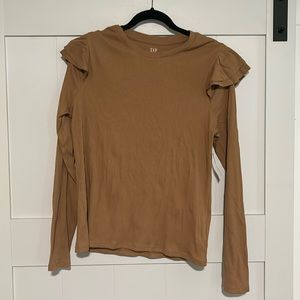 Long sleeve caramel shirt with ruffled shoulder accent